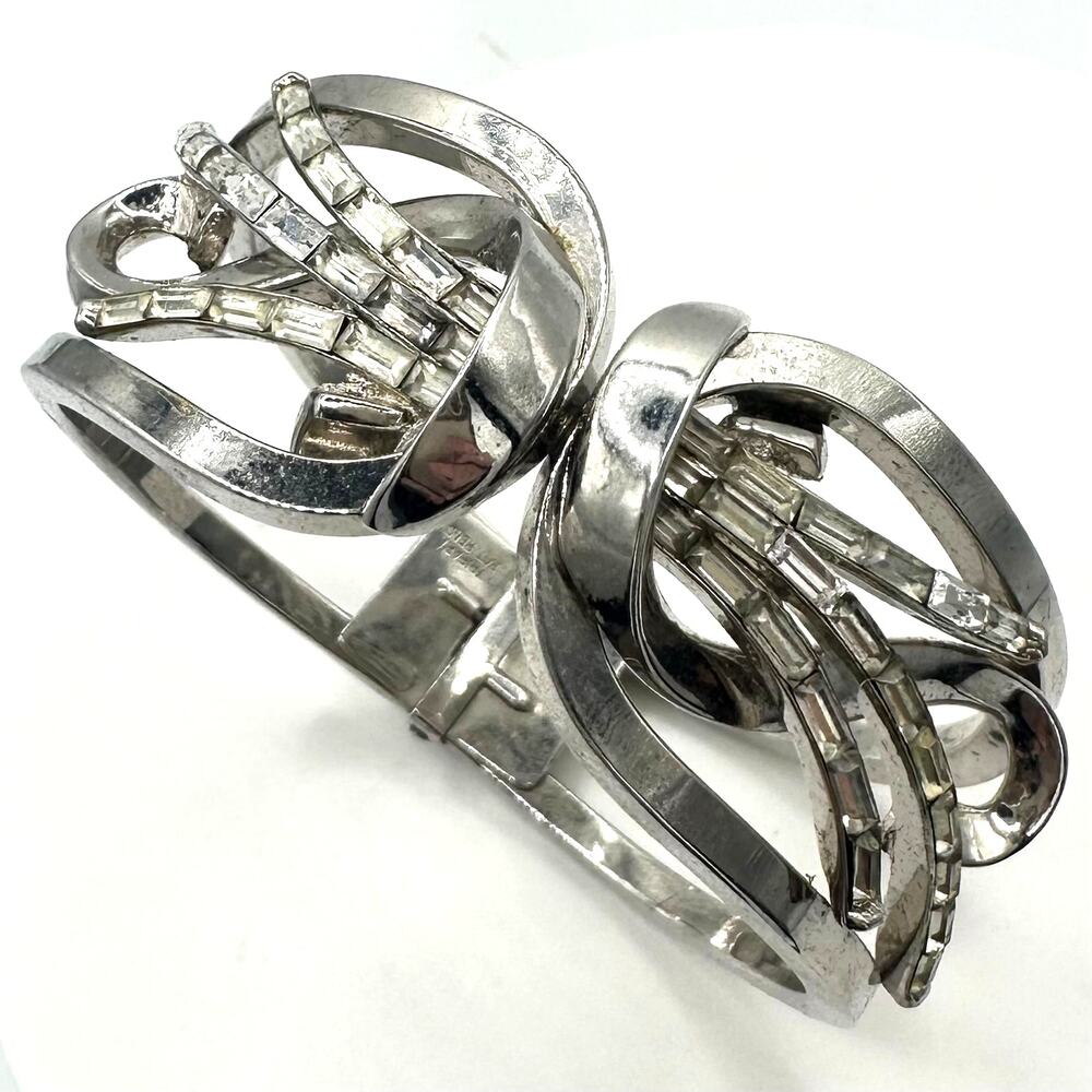 Trifari 1949 Alfred Philippe silver tone rhinestones clamper bangle bracelet